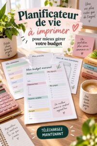 Illustration d'un planificateur de budget imprimable avec des sections pour les dépenses et les revenus.