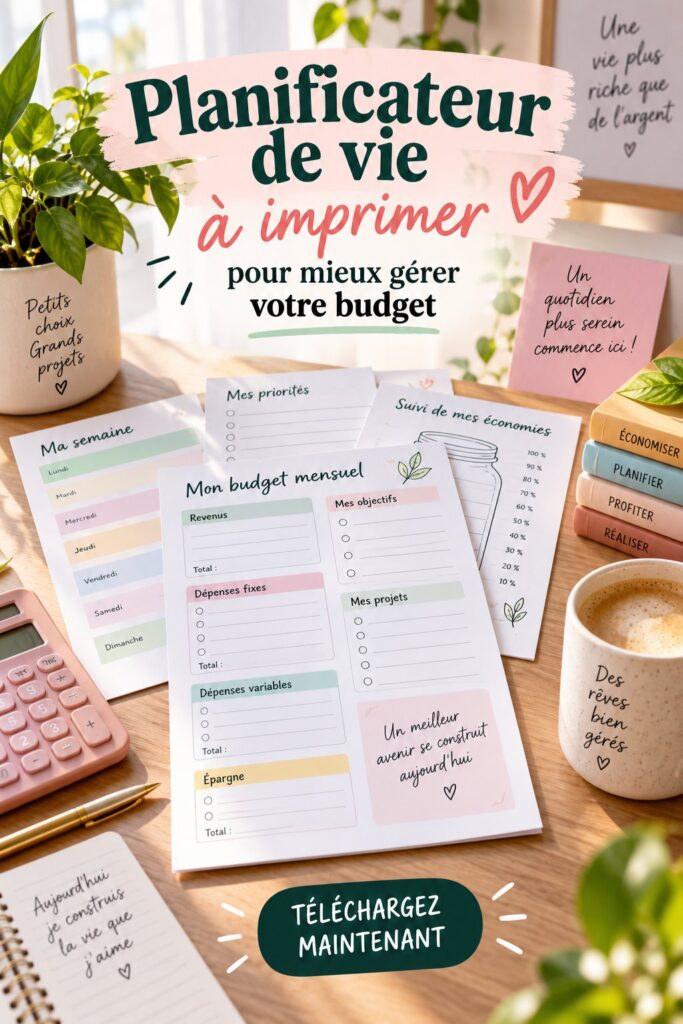 Illustration d'un planificateur de budget imprimable avec des sections pour les dépenses et les revenus.