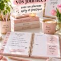 Une photo d'un planner féminin et pratique avec des notes et des stylos colorés