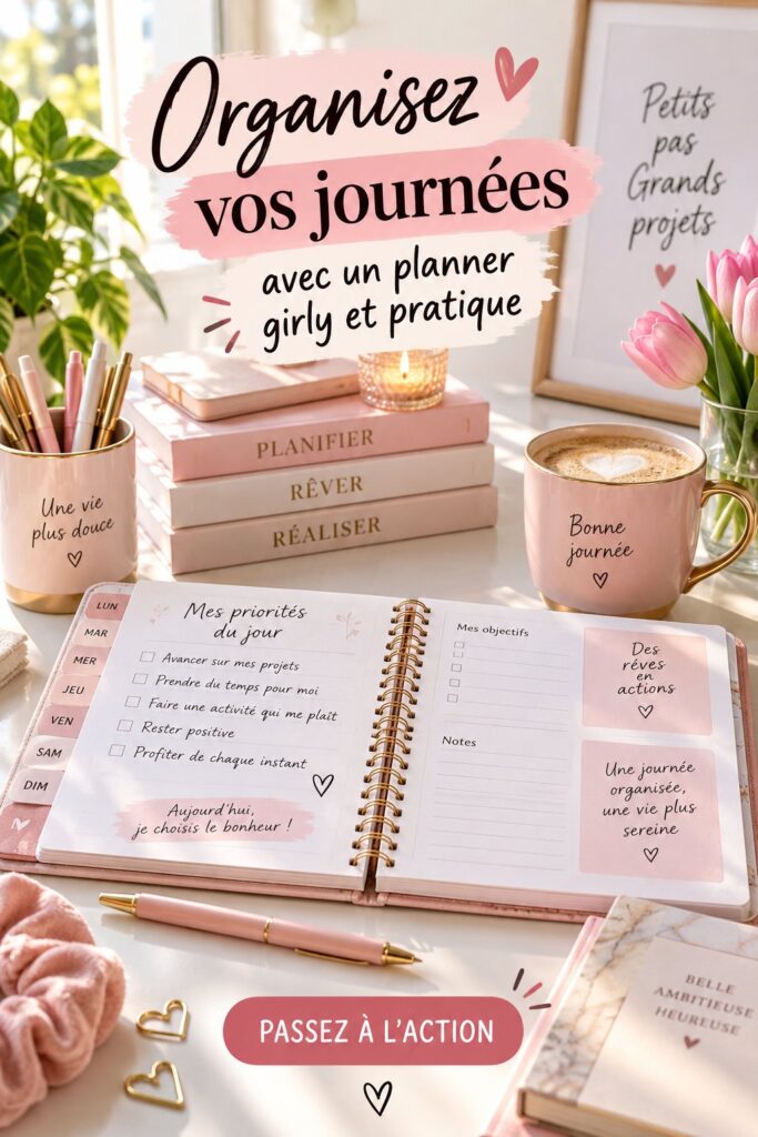 Une photo d'un planner féminin et pratique avec des notes et des stylos colorés