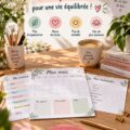 Image d'un planner mensuel imprimable avec des notes et des couleurs vives, symbolisant l'organisation étudiante.