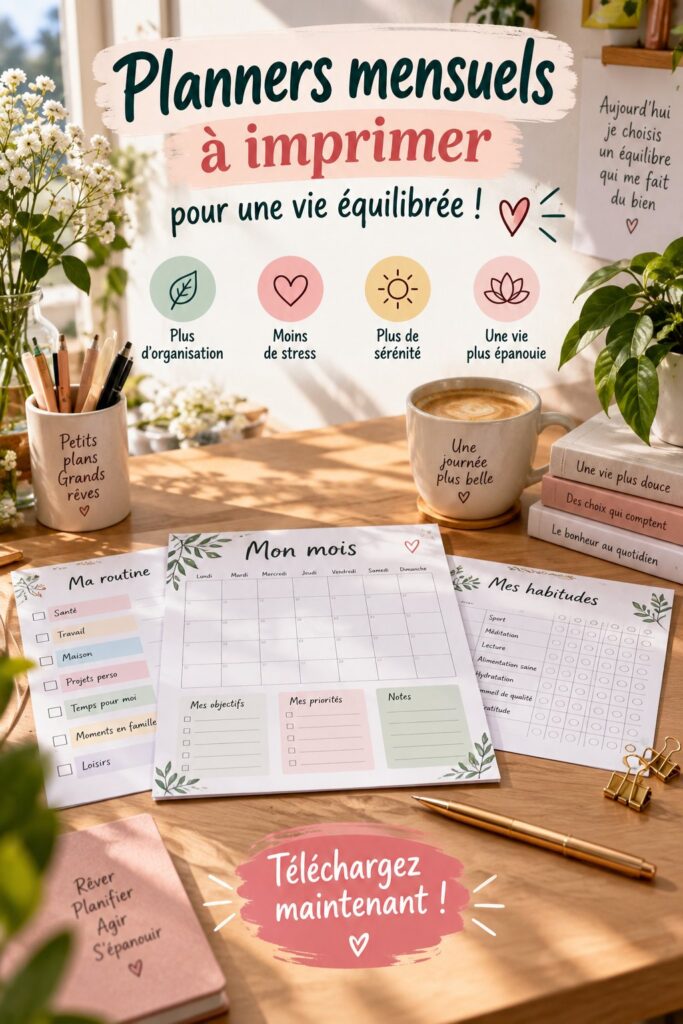 Image d'un planner mensuel imprimable avec des notes et des couleurs vives, symbolisant l'organisation étudiante.