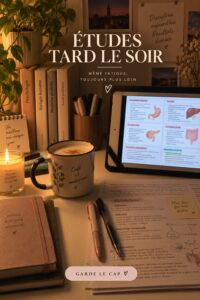Une étudiante travaillant tard le soir sur son bureau avec des livres et un ordinateur.