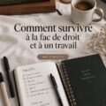 Un étudiant en droit avec des livres et un ordinateur portable, symbolisant l'équilibre entre études et travail.