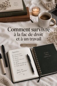 Un étudiant en droit avec des livres et un ordinateur portable, symbolisant l'équilibre entre études et travail.