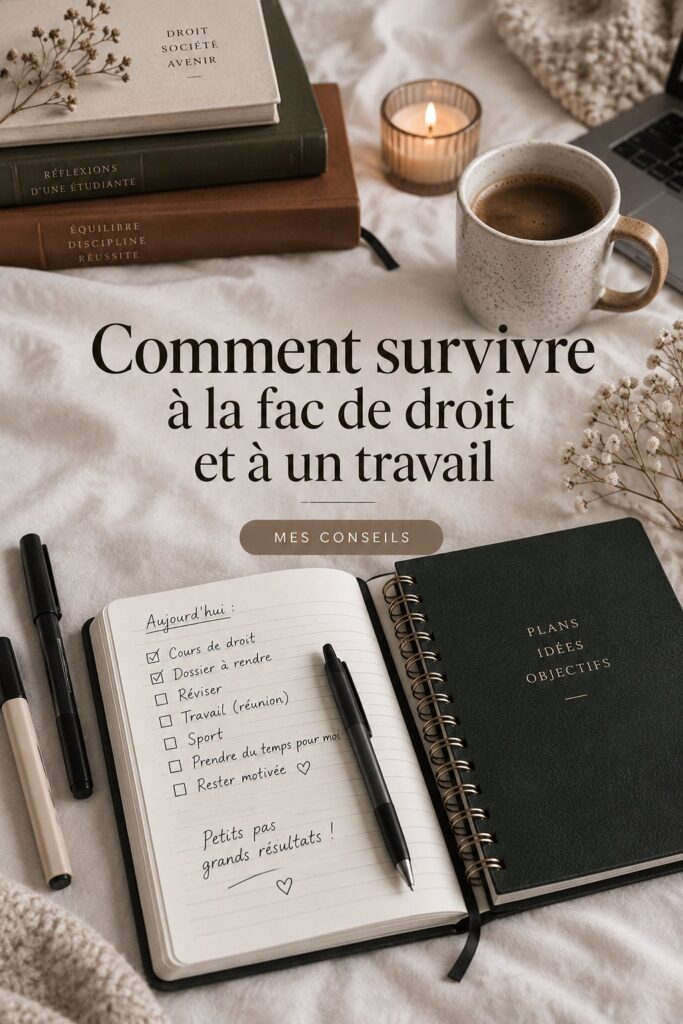 Un étudiant en droit avec des livres et un ordinateur portable, symbolisant l'équilibre entre études et travail.