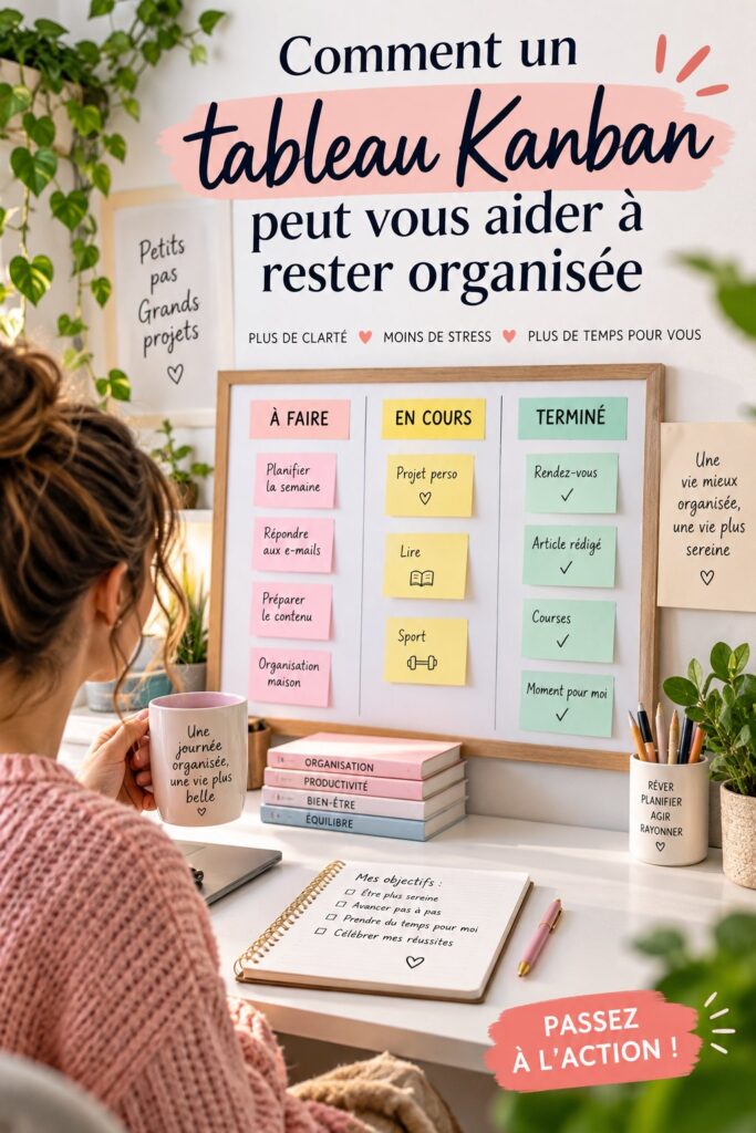 Un tableau Kanban organisé avec des post-it colorés pour une meilleure gestion des tâches.