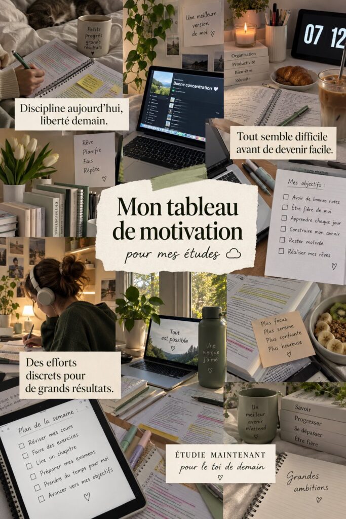 Un tableau de vision coloré avec des images inspirantes et des citations de motivation pour les étudiants.