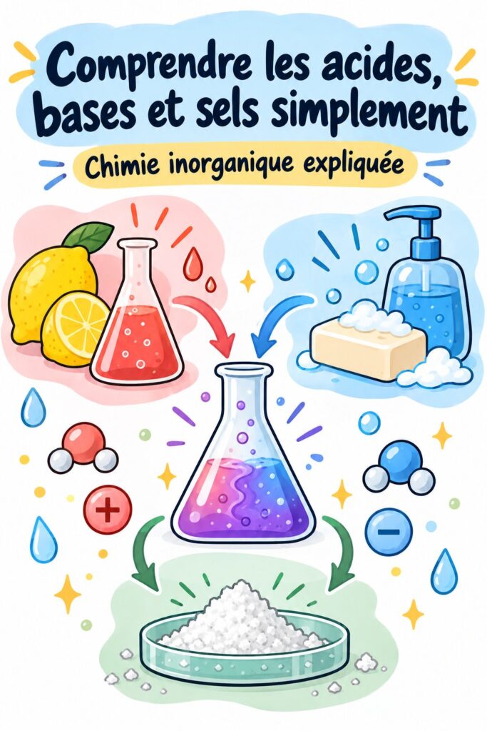 Illustration montrant des acides, bases et sels en chimie