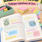 Un étudiant annotant un manuel scolaire avec des surligneurs colorés.