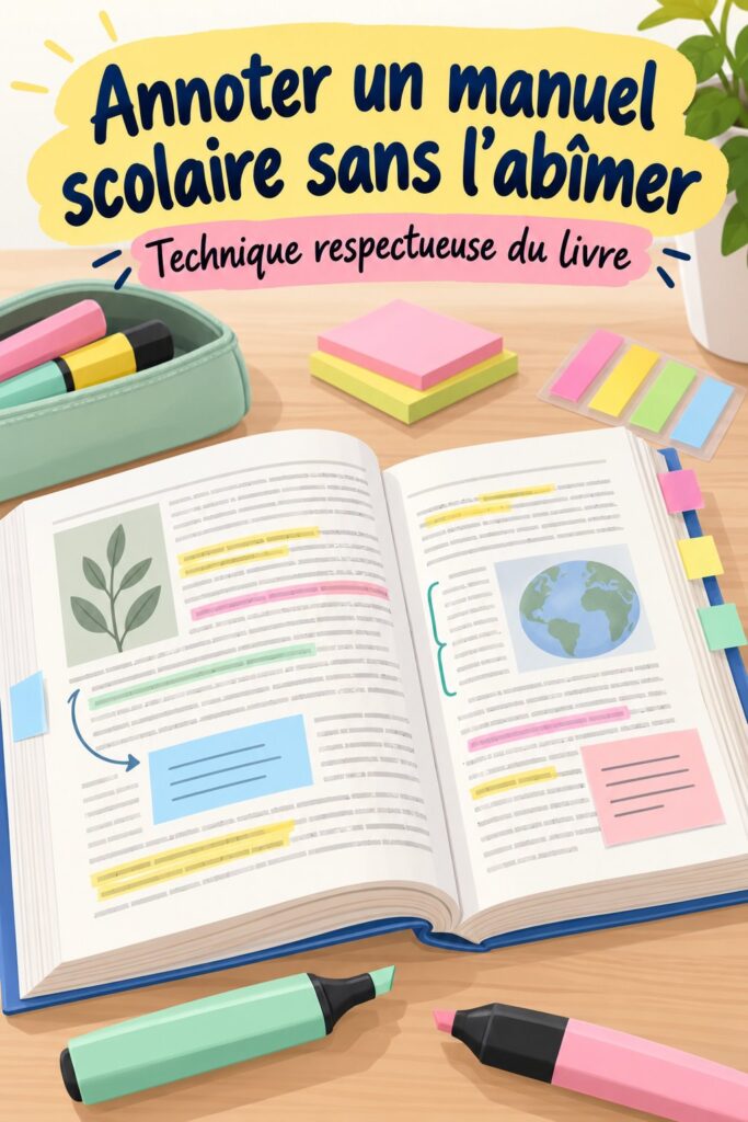 Un étudiant annotant un manuel scolaire avec des surligneurs colorés.