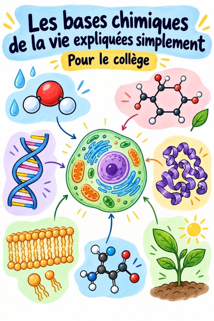 Étudiant en train d'étudier les bases chimiques de la vie avec un livre ouvert et des notes.