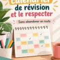Un étudiant élabore un calendrier de révision sur son bureau avec des livres et un ordinateur.