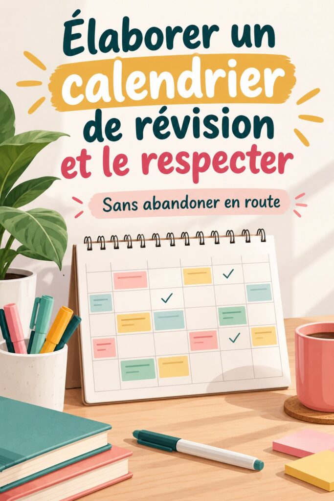 Un étudiant élabore un calendrier de révision sur son bureau avec des livres et un ordinateur.