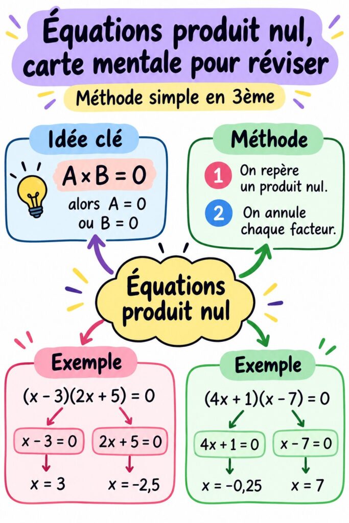Carte mentale illustrant les équations produit nul en mathématiques.