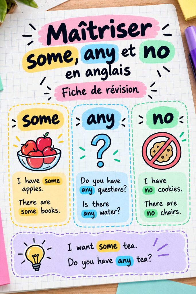 Fiche de révisions en anglais sur les composés some, any et no.