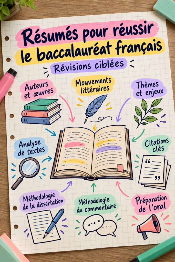 Fiche de révision bac de français, bien organisée avec différentes sections et exemples.