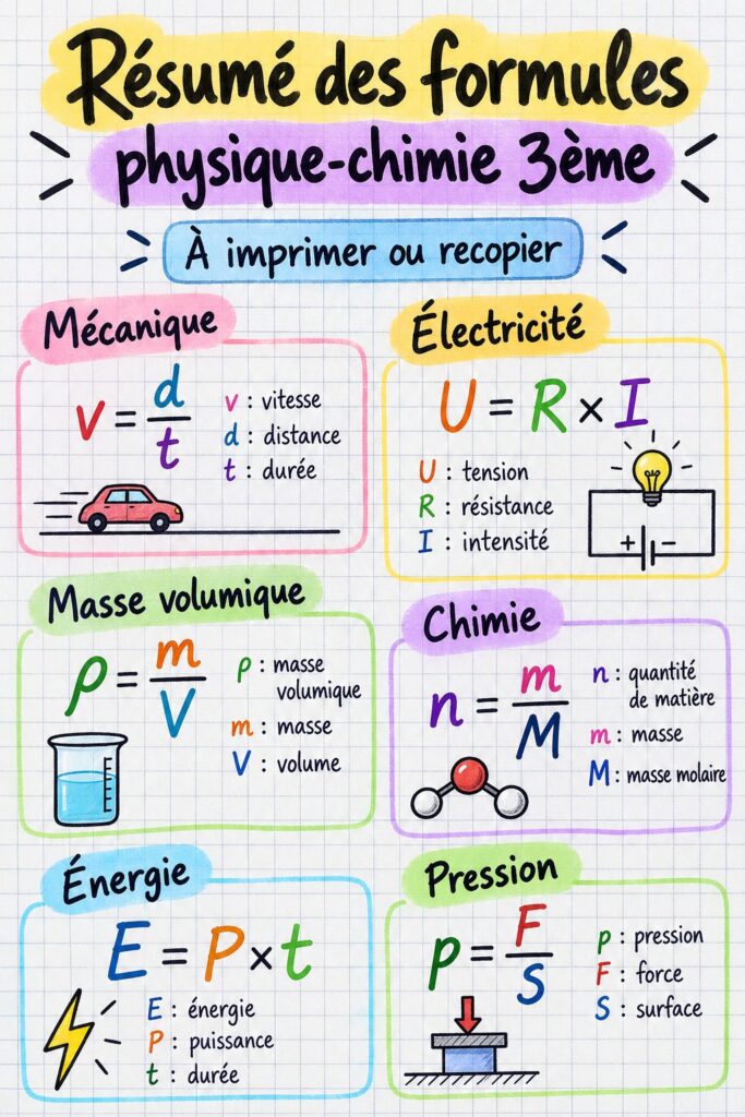 Fiche de révision esthétique de physique-chimie avec formules et schémas