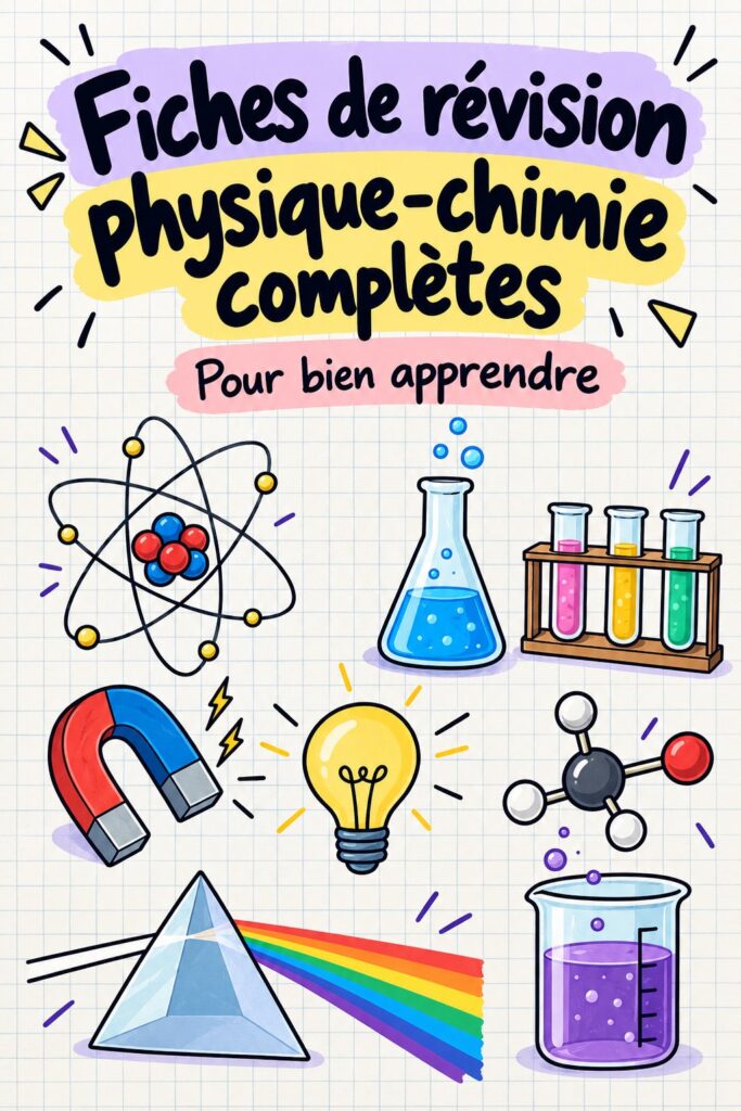 Une fiche de révision colorée pour le cours de physique-chimie sur une table d'étude.