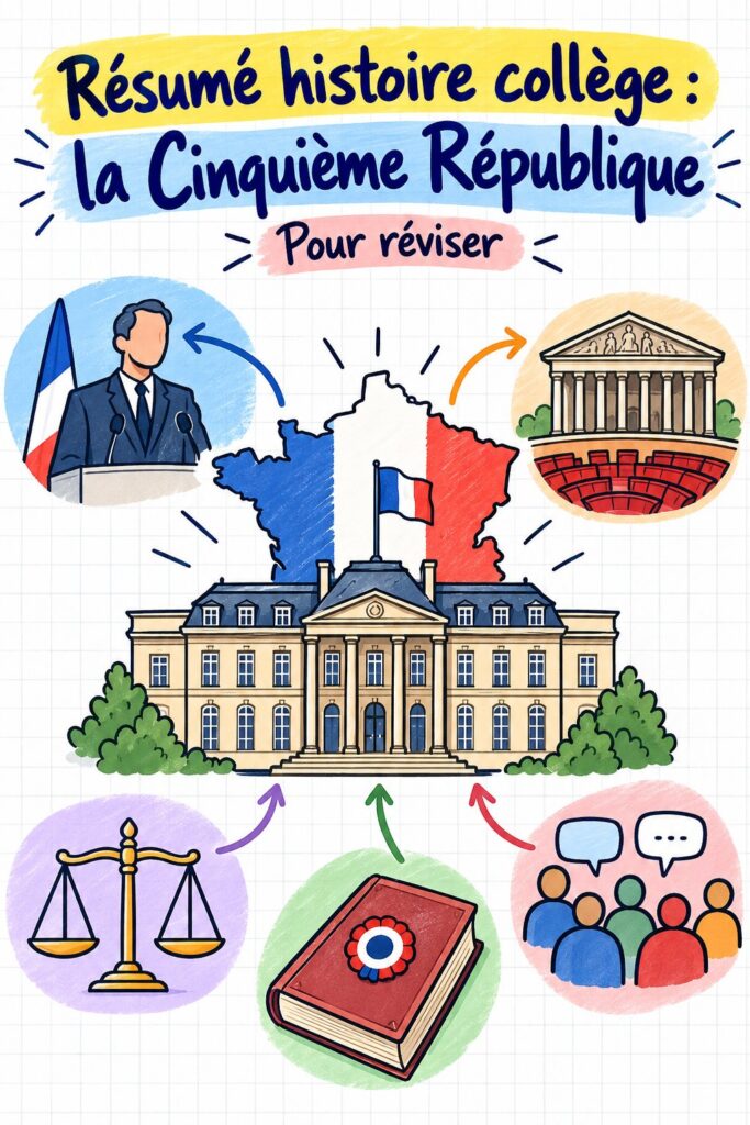 Fiche de révision esthétique sur l'histoire de la Cinquième République pour collège.