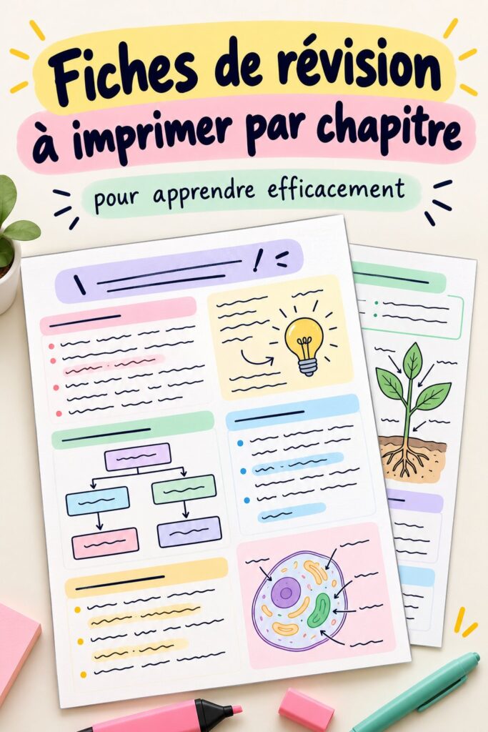 Des fiches de révision imprimables organisées par chapitre sur un bureau d'étudiant.
