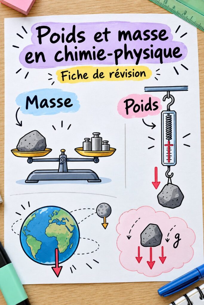 Fiches de révision esthétiques en physique-chimie sur un bureau