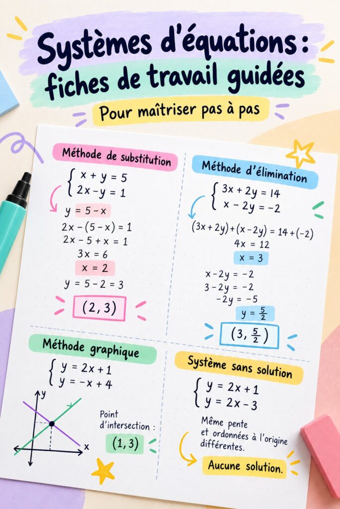 Un aperçu de fiches de travail sur les systèmes d'équations avec des explications claires et visuelles.