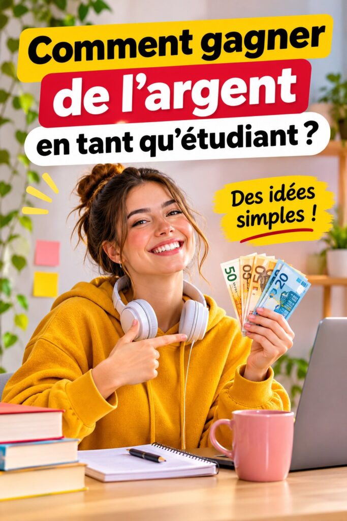 Étudiant souriant avec un ordinateur portable, travaillant sur un projet et recherchant des idées pour arrondir ses fins de mois.