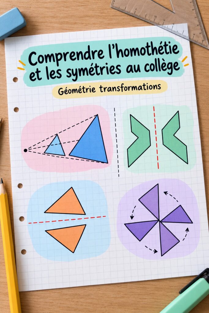 Illustration représentant des figures géométriques montrant l'homothétie et les symétries.