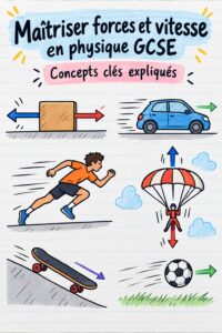 Élève en train d'étudier les forces et la vitesse en physique avec des notes devant lui.