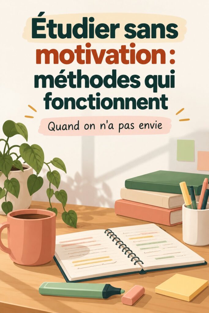 Étudiante concentrée à son bureau, entourée de livres et de notes, représentant le thème de l'étude sans motivation.