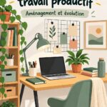 Un bureau bien aménagé avec des fournitures d'étude organisées et un éclairage doux pour favoriser la concentration.