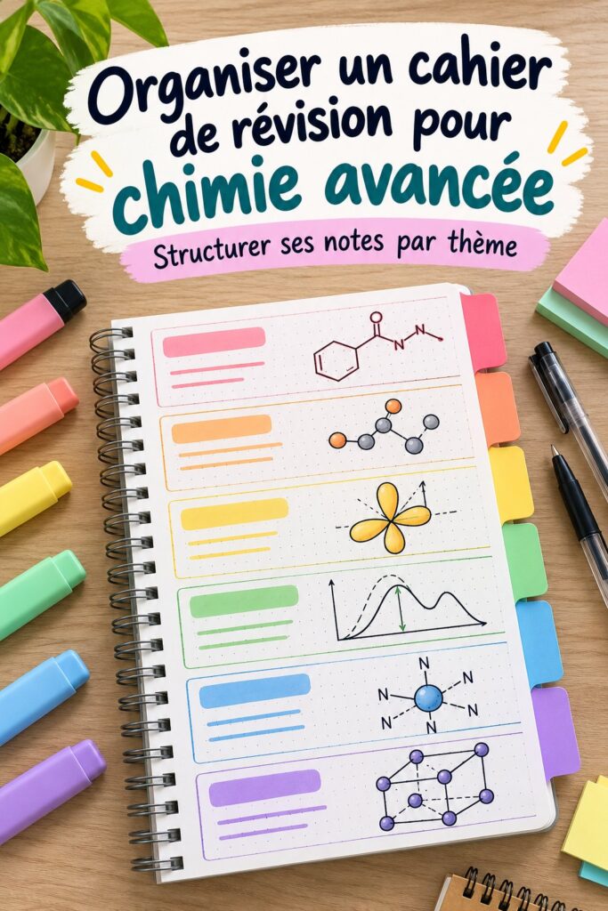 Cahier de révision de chimie avancée bien organisé avec des notes colorées.