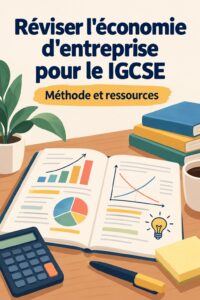 Étudiant en train de réviser l'économie d'entreprise pour le IGCSE avec des notes et livres.
