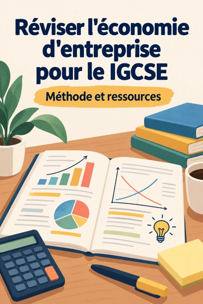 Étudiant en train de réviser l'économie d'entreprise pour le IGCSE avec des notes et livres.