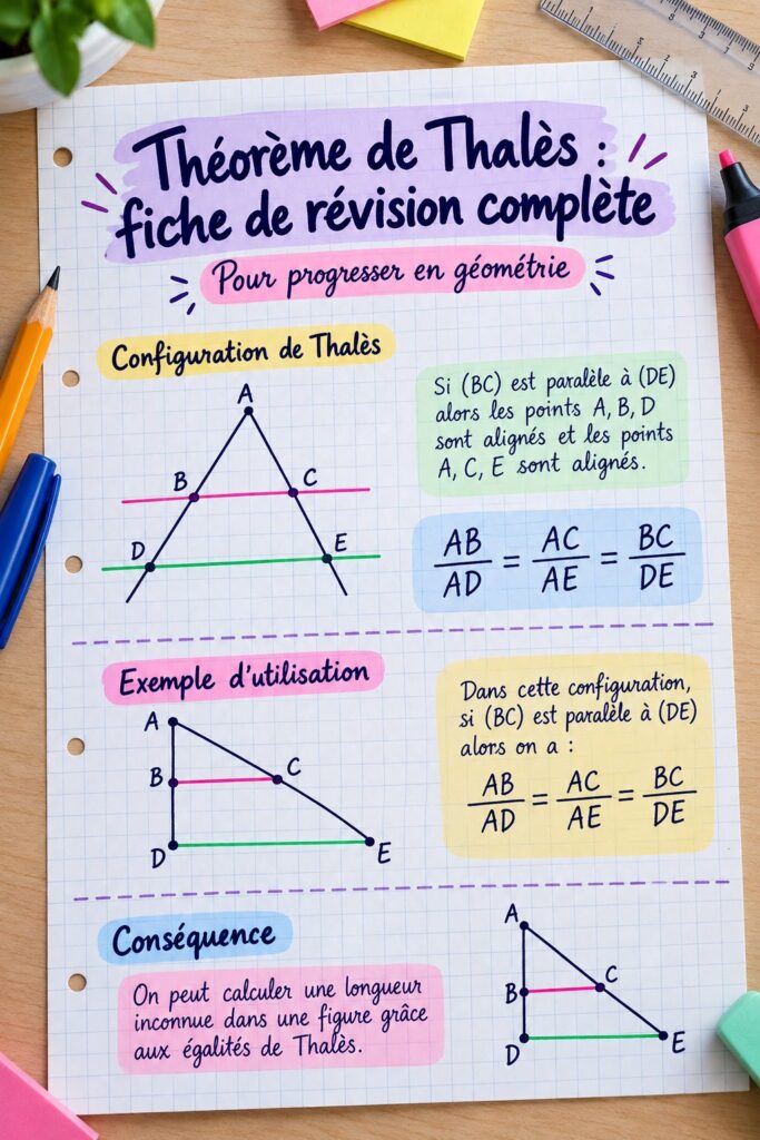 Fiche de révisions sur le théorème de Thalès avec des formules mathématiques.
