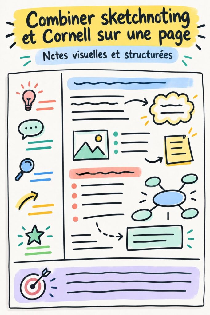 Étudiant prenant des notes avec sketchnoting et méthode Cornell