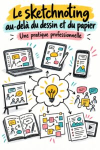 Illustration de sketchnoting présentant des notes créatives sur un bureau d'étudiant.