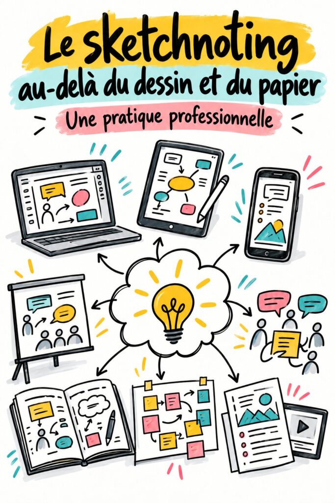 Illustration de sketchnoting présentant des notes créatives sur un bureau d'étudiant.