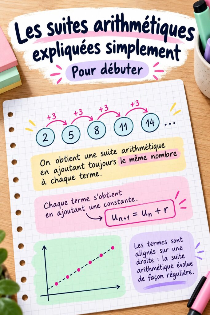 Graphique coloré expliquant les suites arithmétiques.